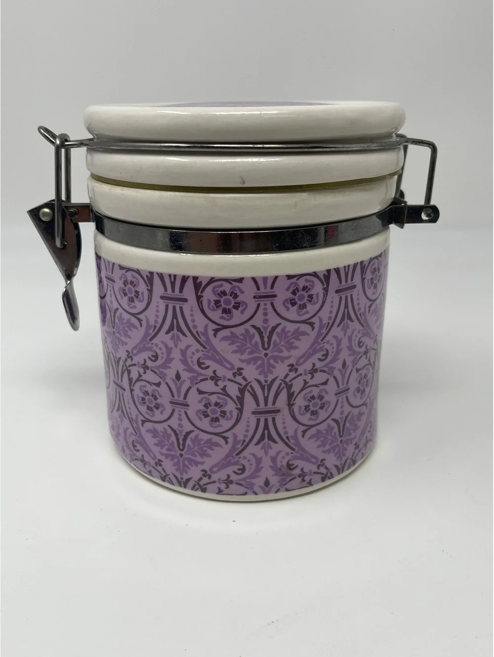 Vintage Purple Floral Ceramic Jar Canister Storage Container Wire Metal Clamp